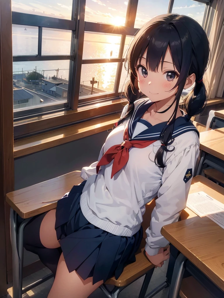 Highest quality, Very detailed, masterpiece, One Girl, classroomの椅子に座る, talk, Smile, 15yo, (low twintails:1.2), Low Pigtails, Black Hair, Long Hair, (Navy blue sailor suit:1.4), Blue ribbon, Long sleeve, School desk, School Chair, classroom, from the front, window, Cityscape from the top of the mountain, Ocean, sunset, anime