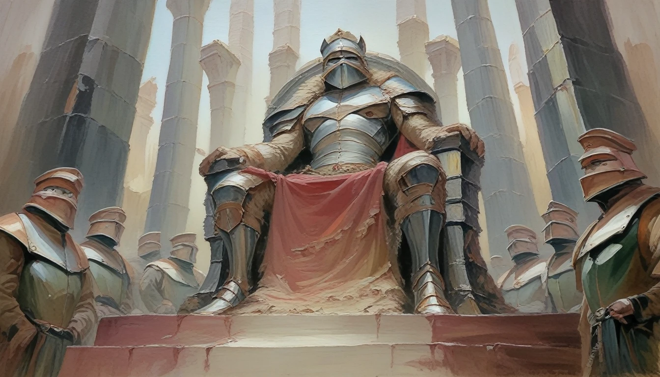 a spartan warrior with a helm is sitting on a throne, below him there are women and men kneeling, dynamic poses, painterly, faux traditional media, realistic,