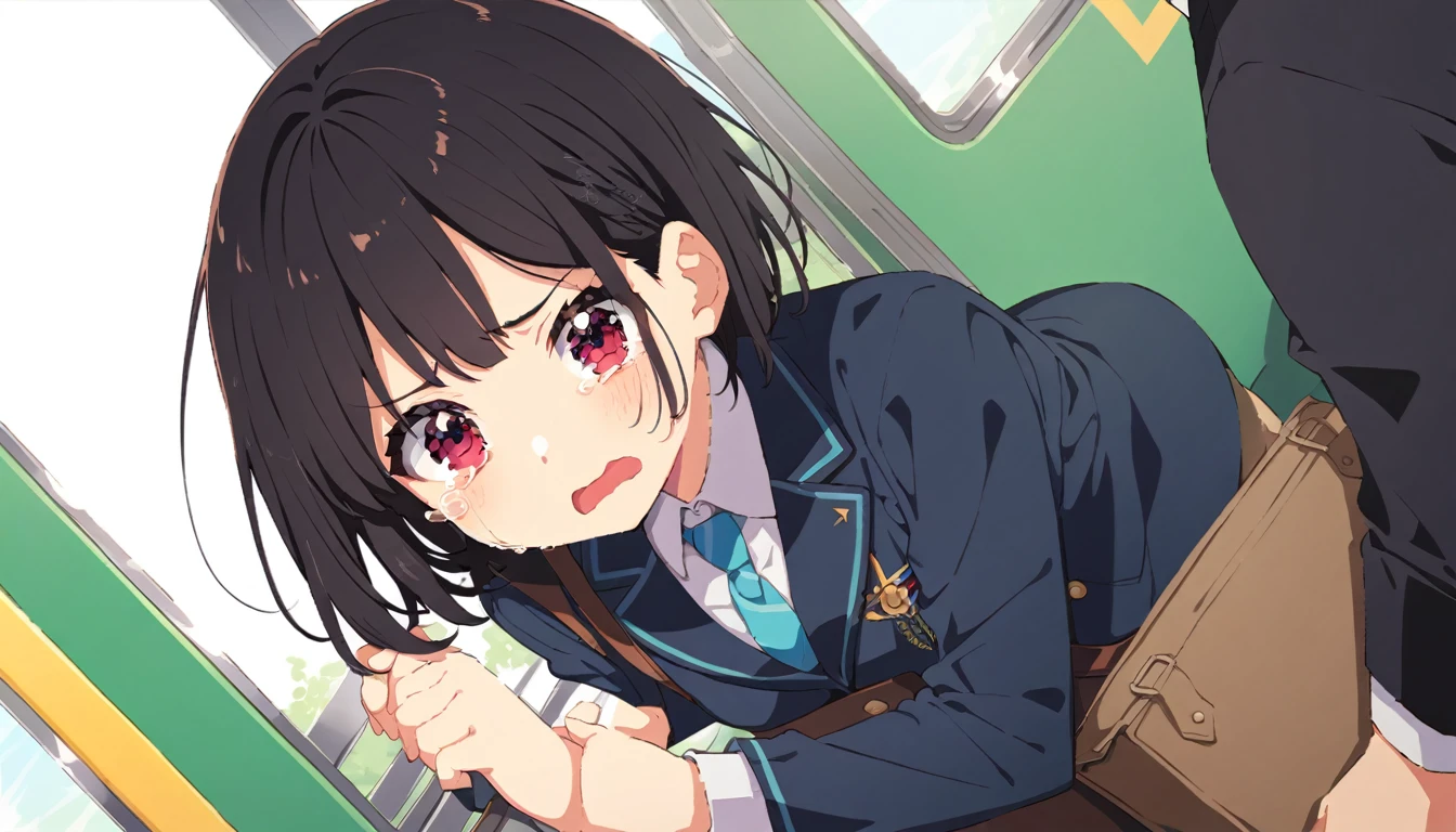 A middle-aged molester is touching the lower body of a crying girl with short black hair and small breasts, wearing a blazer and uniform, standing on a train.