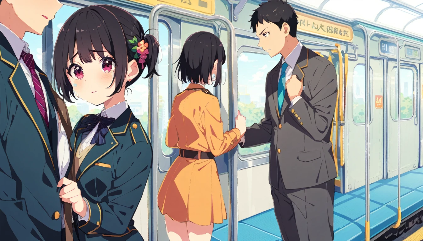 A middle-aged molester is touching the lower body of a crying girl with short black hair and small breasts, wearing a blazer and uniform, standing on a train.
