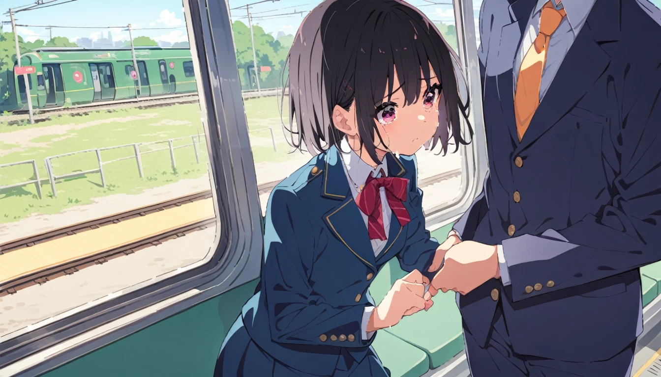 A middle-aged molester is touching the lower body of a crying girl with short black hair and small breasts, wearing a blazer and uniform, standing on a train.