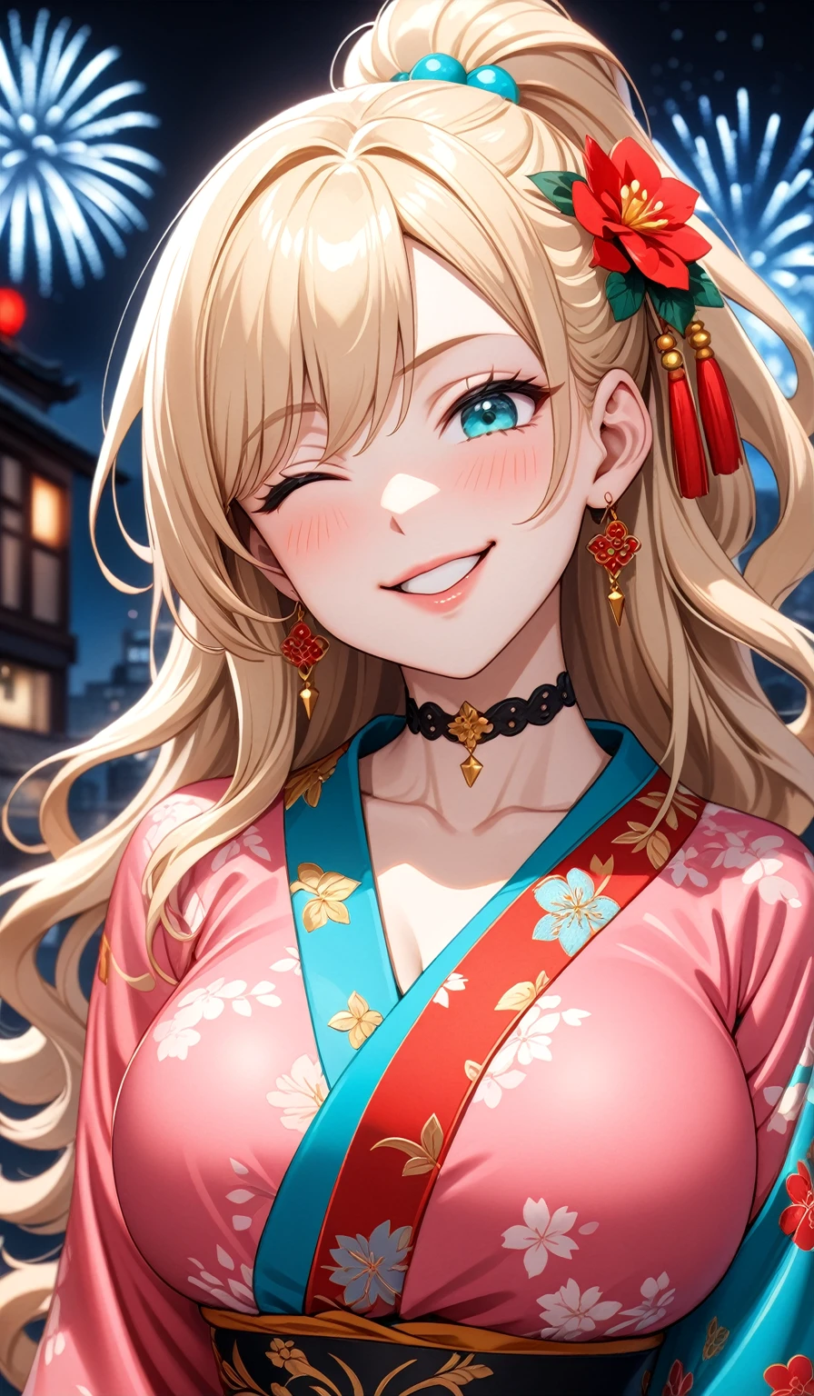 ((One personの女性)), Beautiful Face, (Laughing embarrassedly), (evil smile:1.2),((Wink:2.0)), (head tilt:1.3), Laugh with your mouth wide open,((Bright red cheeks:1.4)),Shiny red lips,Night view,Heights, firework,Laughing with your mouth open,Glossy pink lips,Facial lighting, ((Anime style background)),masterpiece, Highest quality, so beautiful,up to date, Complex details, (Pink long nails),(ring),(bracelet),(choker),AI-generated, Complex,High resolution, Highest quality, super high quality,3D Images、3D Images,One person,Long blonde hair,ponytail, wavy hair ,Anime woman posing for a photo, ((Fine grain、Turquoise Eyes、Shining Eyes:1.3)), (Squint your eyes:1.1),a hyperRealistic , hyperRealistic , Realistic,Anime woman with long white hair, Smooth anime CG art, A woman in a colorful kimono with gold embroidery, (Pink long sleeve kimono),Red floral pattern,Long flower hair ornament,Earrings,Mature Body,(Big Breasts:1.1),Tall,Abdominal muscles,Tight waist,(Zoom up to face:1.3), (front view),