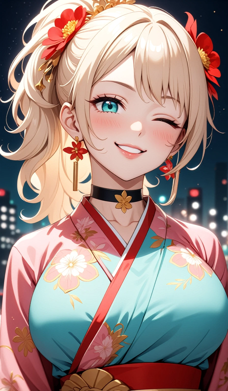 ((One personの女性)), Beautiful Face, (Laughing embarrassedly), (evil smile:1.2),((Wink:2.0)), (head tilt:1.3), Laugh with your mouth wide open,((Bright red cheeks:1.4)),Shiny red lips,Night view,Heights, firework,Laughing with your mouth open,Glossy pink lips,Facial lighting, ((Anime style background)),masterpiece, Highest quality, so beautiful,up to date, Complex details, (Pink long nails),(ring),(bracelet),(choker),AI-generated, Complex,High resolution, Highest quality, super high quality,3D Images、3D Images,One person,Long blonde hair,ponytail, wavy hair ,Anime woman posing for a photo, ((Fine grain、Turquoise Eyes、Shining Eyes:1.3)), (Squint your eyes:1.1),a hyperRealistic , hyperRealistic , Realistic,Anime woman with long white hair, Smooth anime CG art, A woman in a colorful kimono with gold embroidery, (Pink long sleeve kimono),Red floral pattern,Long flower hair ornament,Earrings,Mature Body,(Big Breasts:1.1),Tall,Abdominal muscles,Tight waist,(Zoom up to face:1.3), (front view),