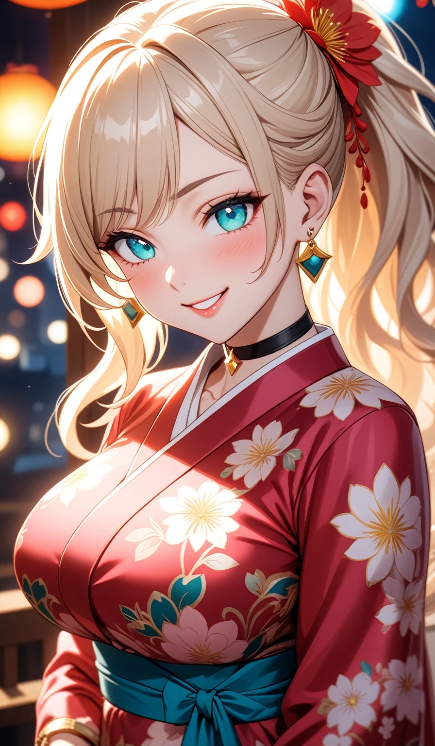 ((One personの女性)), Beautiful Face, (Laughing embarrassedly), (evil smile:1.2),((Wink:2.0)), (head tilt:1.3), Laugh with your mouth wide open,((Bright red cheeks:1.4)),Shiny red lips,Night view,Heights, firework,Laughing with your mouth open,Glossy pink lips,Facial lighting, ((Anime style background)),masterpiece, Highest quality, so beautiful,up to date, Complex details, (Pink long nails),(ring),(bracelet),(choker),AI-generated, Complex,High resolution, Highest quality, super high quality,3D Images、3D Images,One person,Long blonde hair,ponytail, wavy hair ,Anime woman posing for a photo, ((Fine grain、Turquoise Eyes、Shining Eyes:1.3)), (Squint your eyes:1.1),a hyperRealistic , hyperRealistic , Realistic,Anime woman with long white hair, Smooth anime CG art, A woman in a colorful kimono with gold embroidery, (Pink long sleeve kimono),Red floral pattern,Long flower hair ornament,Earrings,Mature Body,(Big Breasts:1.1),Tall,Abdominal muscles,Tight waist,(Zoom up to face:1.3), (front view),