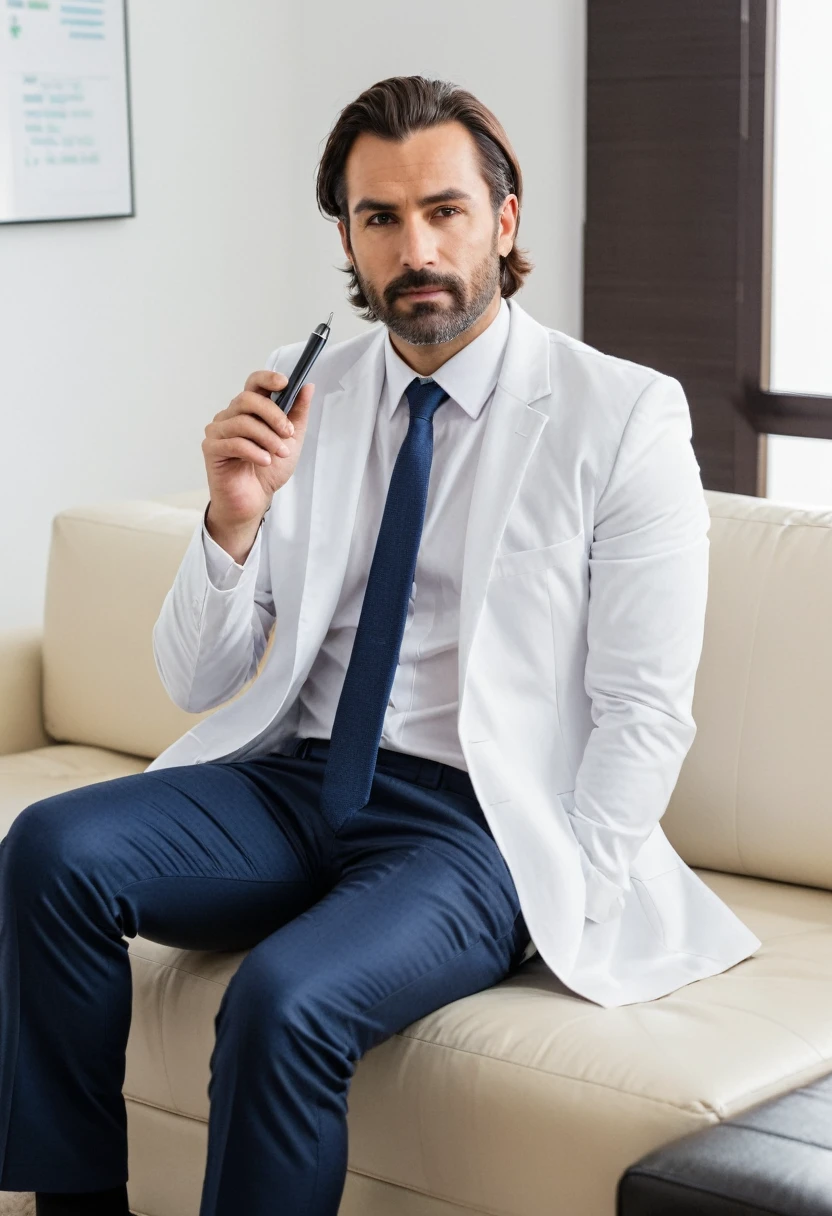 RAW photo, full body, 35-year-old man, ((dressed as lab Sales Manager)), sitting on the guest sofa, looking towards the viewer, wearing shoes, straight forward position, in front of point of view, holding a pen in hand, pointing out an idea, neat hair,