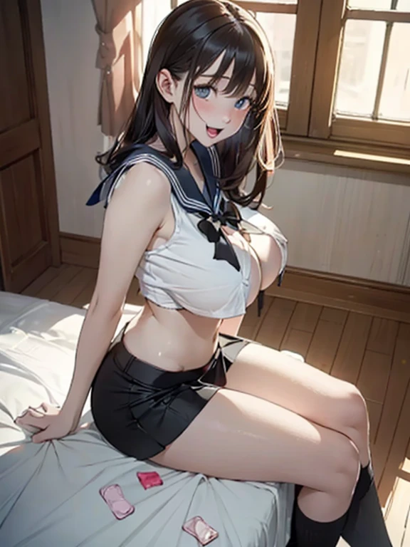 (8k, Super RAW photo, best quality, masterpiece, soft cinematic lighting, soft color:1.4),(from above:1.6),( POV,looking at viewer:1.7),(detaileds beautiful eyes focus,Close-up beautiful eyes:1.6),(realistic), (dark room,Lots of used condoms around :1.7), (solo, mature woman,19years old,super beautiful face,super detaild beautiful eyes :1.5), {sailor uniform:1.1),(show off nipple:0.5),low-cut miniskirt,sheer :1.3}, (embarrassed,red Cheeks:1.25), clean skin, (smaller butt:0.5),(coverd nipple:0.8),(sagging huge long wide heavy breasts:1.5),(under boob:1.8), (thick, curvy:1.35),(1boy,sex,open leg:1.5),(open mouth:1.2),(arms behind back:0.8),(sitting,on side:1.7),