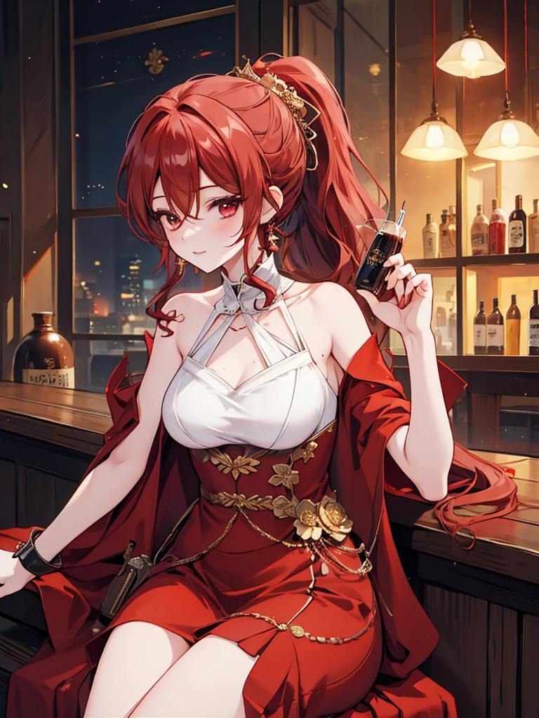 look back女, Long skirt, Anime style painting, An illustration, liquor, Woman sitting at a bar drinking a cocktail, look back, Turn your back, Small face, 背景の棚には多彩な色のliquor瓶が並んでいる, Quiet bar, Calm expression, Perfect hands, elder, Red Hair, The dignity of a 50-year-old, ほろ酔いのwoman, solo、(Highly detailed background:1.0)、(Highly detailed background:1.0)、masterpiece、Highest quality、(Babes)、Fractal Art、Red eyes、Narrow eyes、Black and red dress, Reddish lips、From the shoulders up、smile、One Woman、Red long ponytail, Curly Hair, Red eyes,Golden accessories, solo, Big Breasts, woman, Take-out, Provocative laughter,40 year old woman,Queen of Sadism, Highly detailed background, Perfect Human Medicine,