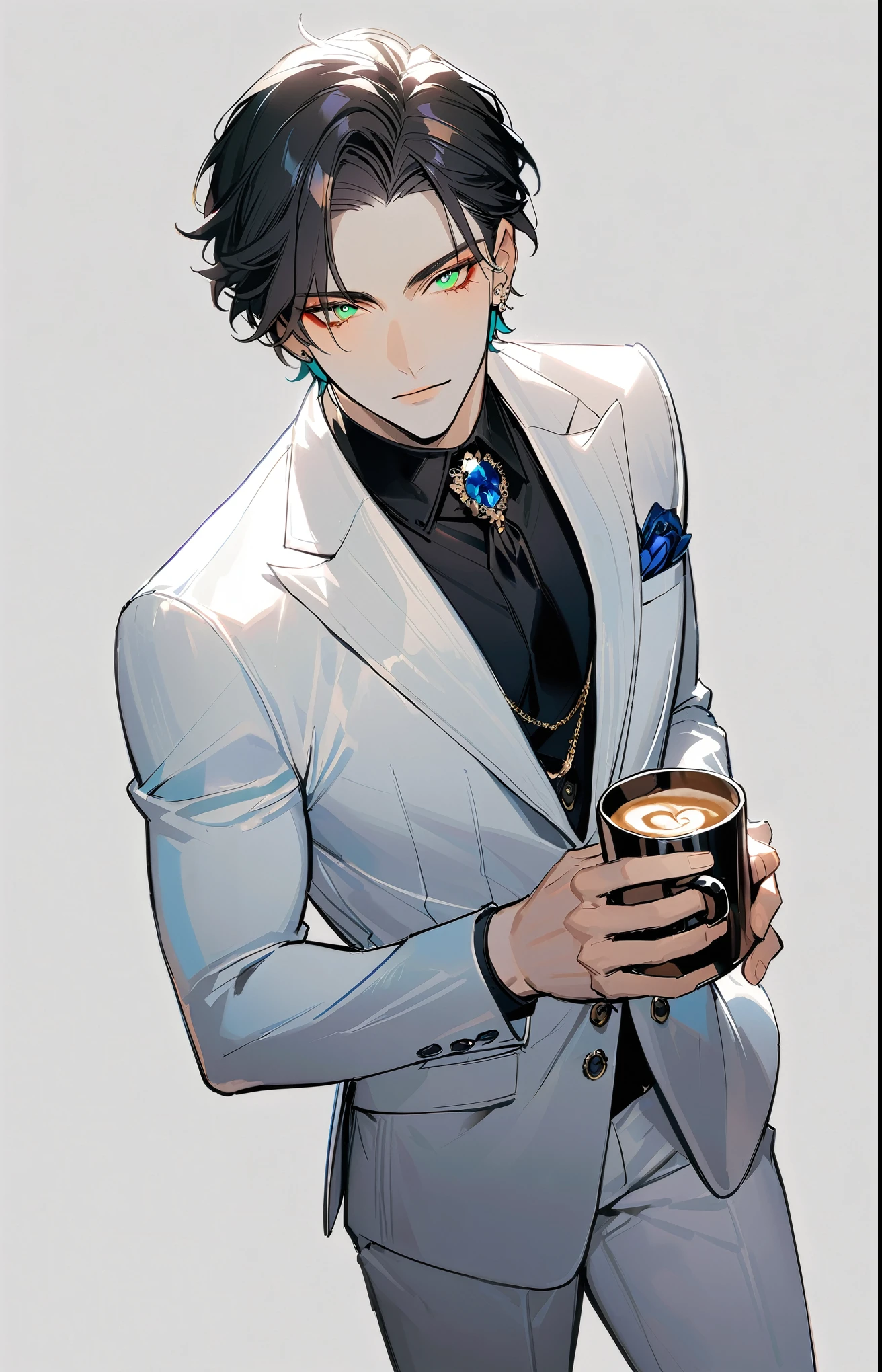 1 male, 25-year-old British male, decisive, beautiful, Tattoo, Emerald eyes, Black Hair, White suit, Black shirt, tie, English gentleman, White pants, Office President, 
permanent, Holding a cup of coffee，Office President，一个现代Handsome哥，25-year-old male，Black Hair，Green Eyes，short hair，No bangs，Show forehead，Middle parted hair，young people，Dynamic Hair，Delicate face，Bright Eyes，Gem Eyes， Extremely detailed eyes， Handsome，Handsome，White skin，Single photo，Upper body photo from thigh up，Handsome哥，a beautiful man，Exquisite eyes，Carefully sculpted hair，Rich in details，permanent in front of a white background，Handsome哥，juvenile，blond，short hair，Handsome face，Handsome，Handsome，超级Handsome哥，White skin，White skin，