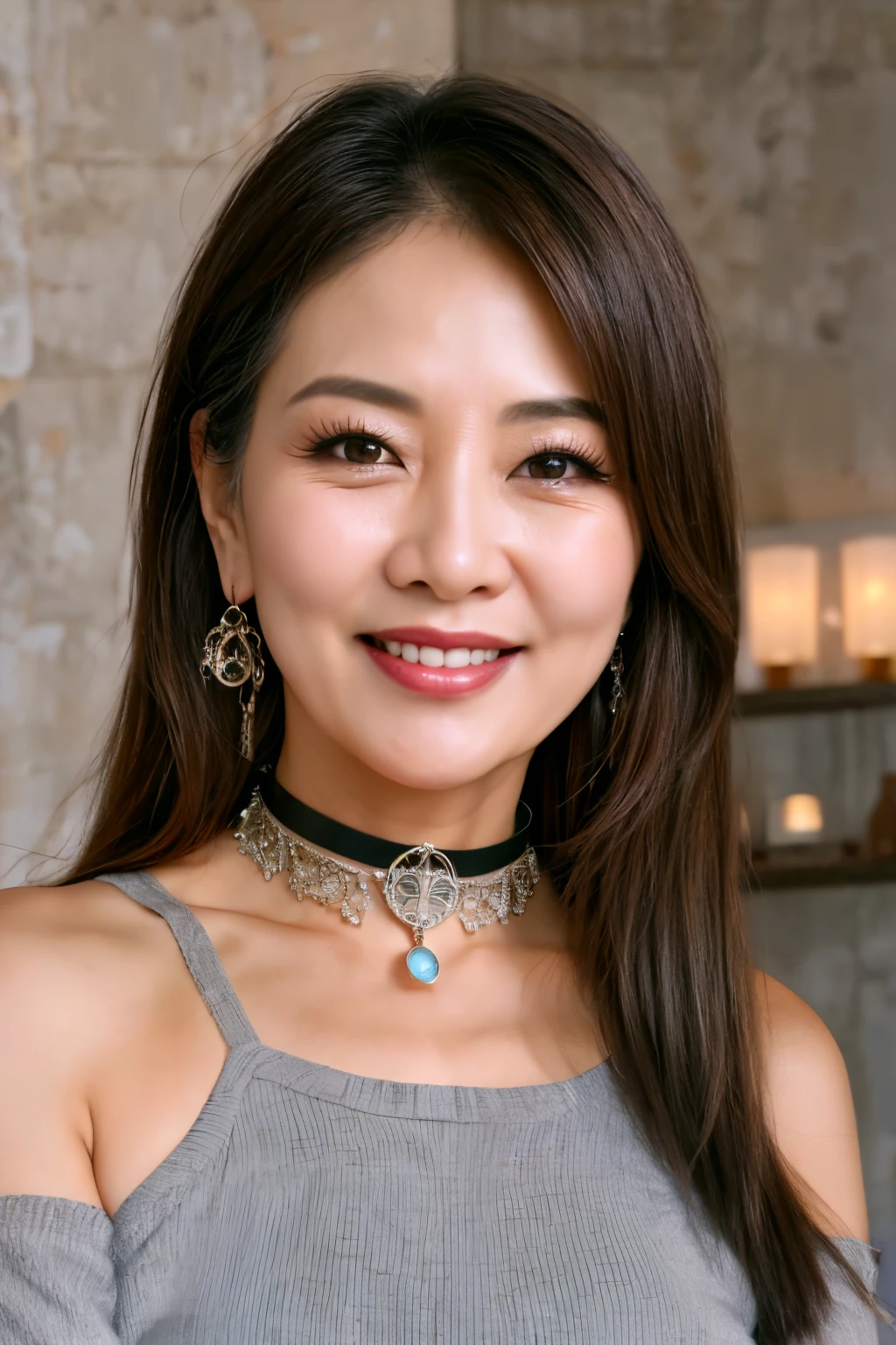 No sleeve 75 years old mom milf Korean, Lady large earring Big choker navel piercing decoration A bracelet Silver Hair realisitic Gorgeous Madame Beautiful Mature Woman sexly Smile Gentle woman navel piercing 4K High quality gravure cover Gorgeous Madame Beautiful Mature Woman