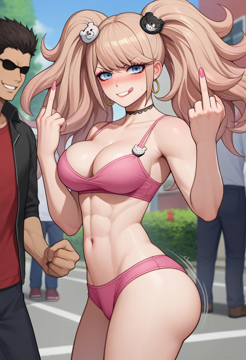 score_9, score_8_up, score_7_up, source_anime, solo, 1girl, enoshima junko, grin, looking towards viewer, standing, twintails, bear hair ornament, v-shaped eyebrows, choker, collarbone, , Nude, BITS, BIOMICALLY BIG T, COMICALLY BIGDE, NO CLOTHES, SQUATINGWERKISHAKING ASS, BARE ASS, BARE TITS, BARE BREAST,nds in ther, Pink Pas, Tight Pip Top, Spaghetti Straps, Pink borts, over the top pink blush, over the top pink eyeliner, over the top pink eyeshadow, Crowded Street, Black Lifes Matter Protest, Black Thugs, Black Men, Muscular Black Men, Black Men, Black People in background, Muscular black men, HUGE ASS, Unrealistic Ass, unrealistic tits, Over the top make up,treme Make Up, Try Make up, goldenp ear rings, Extreme make up blush, Multiple Black men, Tongue out, Middle Finger, Niggers, TRASHY BIMBO