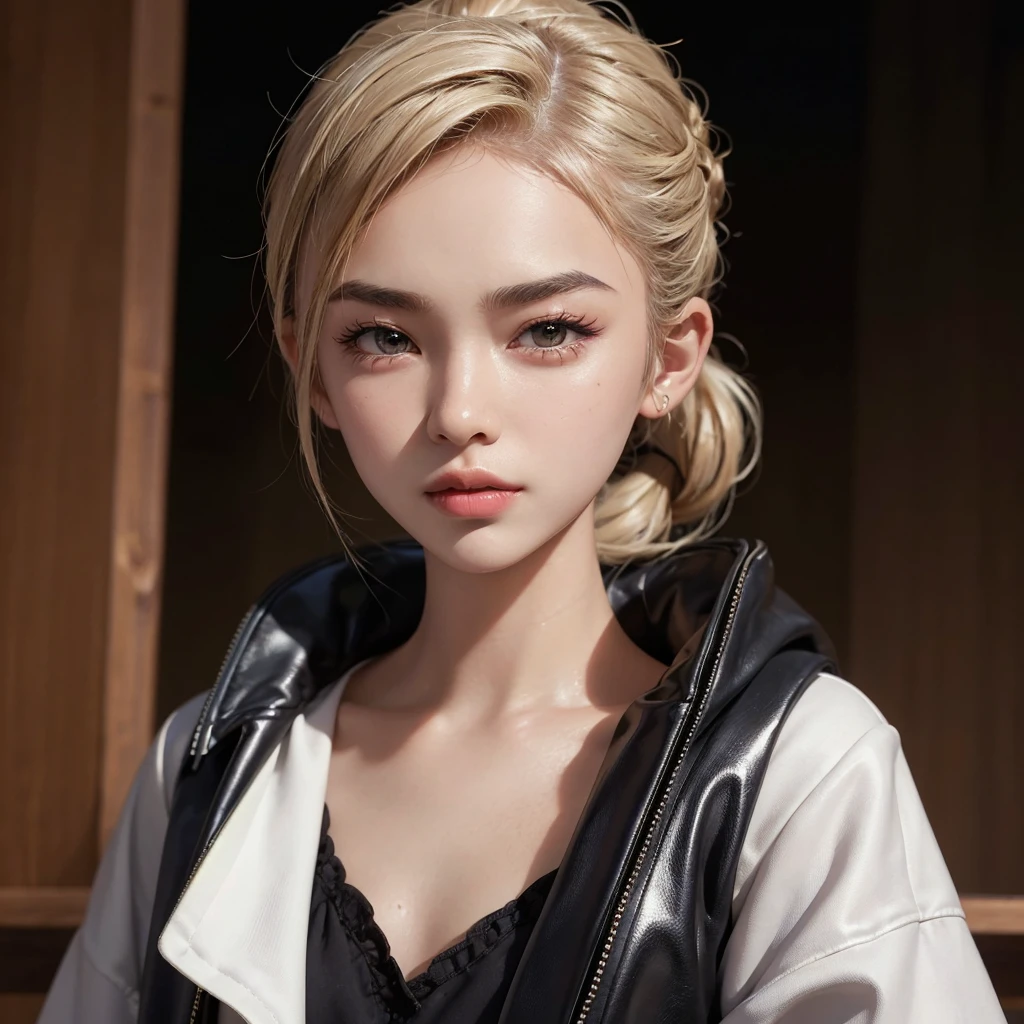 Hyperrealistic 20-year-old Indonesian woman, sharp nose, looks beautiful and authoritative, fair skin, slightly chubby cheeks, cute, blonde hair (((ponytail hairstyle )))), and wearing a black hooded jacket. body position facing the camera with hands in ready position, facial details (((sharp nose details, small eyes, natural eyebrows, mouth )))), eyebrows away from eyes, in a coffee shop. lipgloss, eyelashes, shiny face, shiny skin, best quality, high resolution, depth of field, chromatic aberration, caustic, Wide lighting, natural shadows, High quality photo, UHD, 16K, 1 girl, 3D, dark theme.