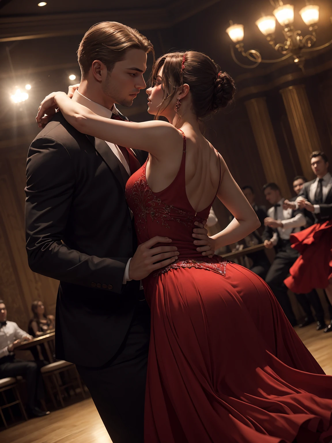 A beautiful girl with dark brown hair and a red dress dances in a dance club with a strong man with blond hair., waist-length portrait,detailed image, realistic, real, realistic facial features, realistic photography,Tangor dance,Expressive Movements,tempting,powerful,elegant,tango hugs,bright colors,sensual,Musical atmosphere,impeccable choreography, fascinating,attractive,Vigorous,tango rhythm,Elaborate costumes,fluid movement,Fiery intensity,romantic,dramatic lighting,страстный connection,Fiery Passion,Perfect Synchronization,audience fascinated,Sparks fly,emotional connection, intensive chemistry,fascinating performance,red flowers in the background