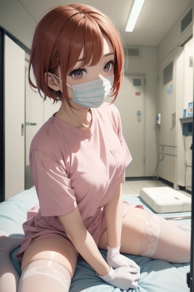 Beautiful young woman, Anime Style, Detailed face, Redhead, Wet Hair, Big eyes, pinkの目, Delicate features,One Girl, alone, nurse, pink, ((白 legwear, zettai ryouiki)), White gloves, Very short hair, Orange Hair, ((白 surgical mask, Covered Nose)), Lying down, ((Hospital room)), Sharp contours, Short sleeve, Tomboy, boyish, Highest quality, masterpiece、No hat、erotic、sexy、Masturbation、pants