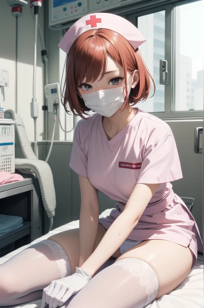Beautiful young woman, Anime Style, Detailed face, Redhead, Wet Hair, Big eyes, pinkの目, Delicate features,One Girl, alone, nurse, pink, ((白 legwear, zettai ryouiki)), White gloves, Very short hair, Orange Hair, ((白 surgical mask, Covered Nose)), Lying down, ((Hospital room)), Sharp contours, Short sleeve, Tomboy, boyish, Highest quality, masterpiece、No hat、erotic、sexy、Masturbation、pants