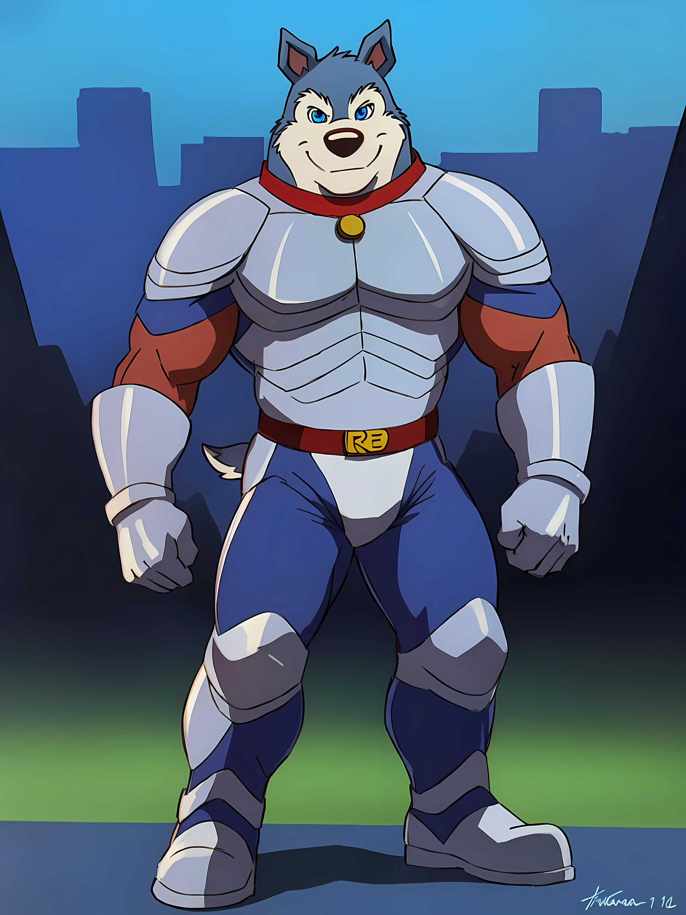 Exile (Road Rovers), blue fur, white fur, anthro, pointy ears, dog, solo, full body, muscular, pectorals, red dog collar, pet tag coin, smile, high quality, best resolution, cel shaded, (blue eyes, detailed eyes):1.1, silver uniform, silver armor, silver gloves, silver boots, red belt, simple background, standing, looking at camera, by wfa, by rossciaco, by taran fiddler