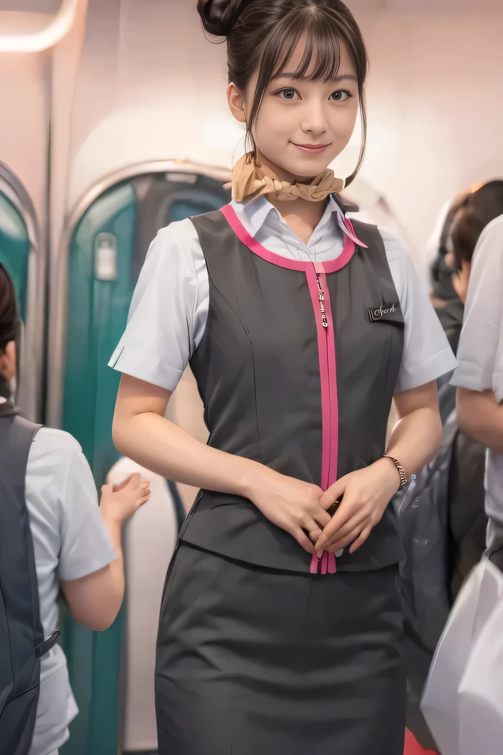(masterpiece:1.2, Highest quality:1.2), 32k HDR, High resolution, (alone、1 Girl)、(Ride the bullet train、Professional Lighting)、Background in the car、(Realistic style of JR Gran Class crew uniform)、Short sleeve blouse、a scarf around the neck、(JR Gran Class flight attendant uniform with pink parts on the skirt sleeves)、(The uniform of a flight attendant in JR Gran Class has a pink line on the front zipper of the vest.)、Dark brown hair、(Hair tied up、Hair Bun、Hair Bun)、Dark brown hair、Long Shot、Big Breasts、((Great hands:2.0)),((Harmonious body proportions:1.5)),((Normal limbs:2.0)),((Normal finger:2.0)),((Delicate eyes:2.0)),((Normal eyes:2.0)))、Luxury Necklace、smile、Beautiful standing posture,