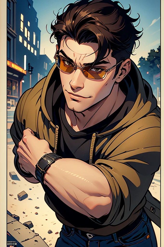 ((illustration)), (best quality)), ((masterpiece)), (detailed), ((front view)) comic cover, teenage, boy, dark hair, brown eyes, muscular, black shirt, hoodie,  jeans, combat boots, sunglass, smirking, omnitrix,