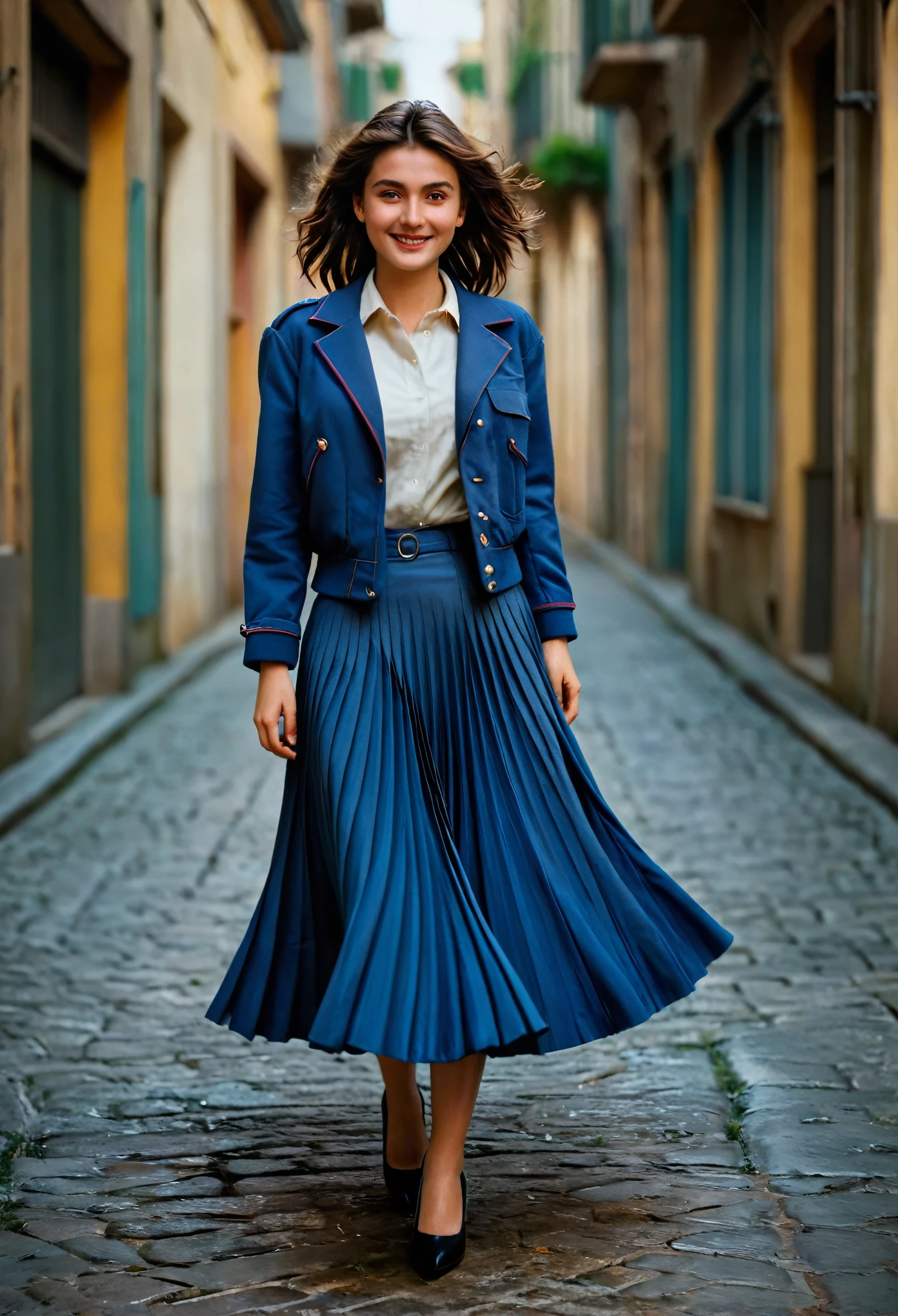 A smiling, authentic, (shy:1,3), kind, beautiful woman, is passionately in love with her skirt, wind wildly lifts her skirt, wearing uniform jacket and very, very detailed (long (fully pleated) full circle skirt) and (low heeled court shoes), very, very intricate hyper-detailed symmetric (attractive graceful young feminine face) with (sad, tired eyes and a loving smile), very voluptuous breasts, full of empathy and compassion and love, (pronounced (feminine) features), (highly detailed ultra accurate realistic) hands and fingers, (windy), epic composition, highly detailed attributes, (35mm f1.4 Kodak portra 400 photograph), extremely high quality RAW photograph, highly detailed atmosphere, sci-fi, cinematic shot, dynamic lighting, 75mm, Technicolor, Panavision, cinemascope, sharp focus, fine details, 8k, HDR, realism, realistic, key visual, film still, superb cinematic color grading, depth of field