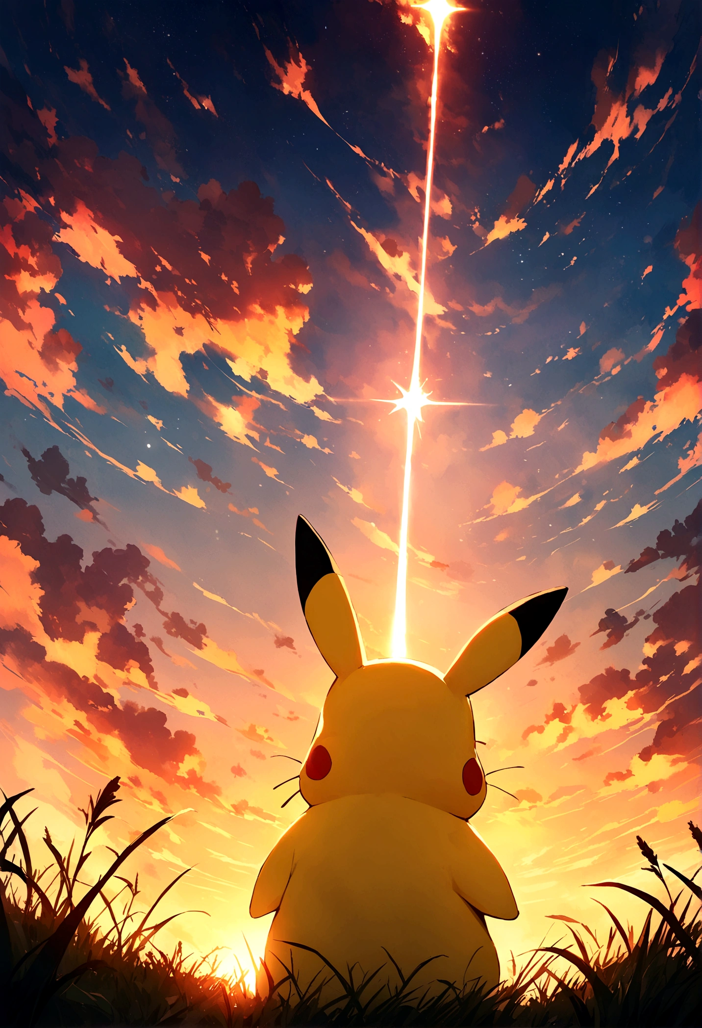Very beautiful sky Pikachu is facing away from the grassland and looking up at the sky