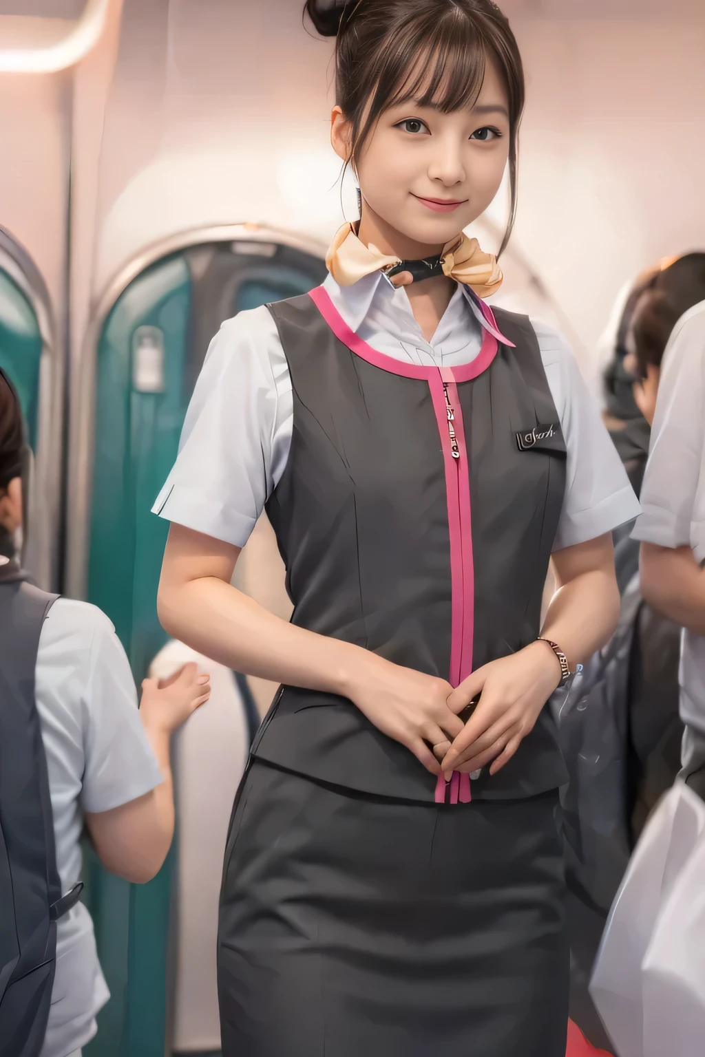 (masterpiece:1.2, Highest quality:1.2), 32k HDR, High resolution, (alone、1 Girl)、（Ride the bullet train、Professional Lighting）、Background in the car、（Realistic style of JR Gran Class crew uniform）、Short sleeve blouse、a scarf around the neck、（JR Gran Class flight attendant uniform with pink parts on the skirt sleeves）、（The uniform of a flight attendant in JR Gran Class has a pink line on the front zipper of the vest.）、Dark brown hair、（Hair tied up、Hair Bun、Hair Bun）、Dark brown hair、Long Shot、Big Breasts、（（Great hands：2.0）），（（Harmonious body proportions：1.5）），（（Normal limbs：2.0）），（（Normal finger：2.0）），（（Delicate eyes：2.0）），（（Normal eyes：2.0））)、Luxury Necklace、smile、Beautiful standing posture,