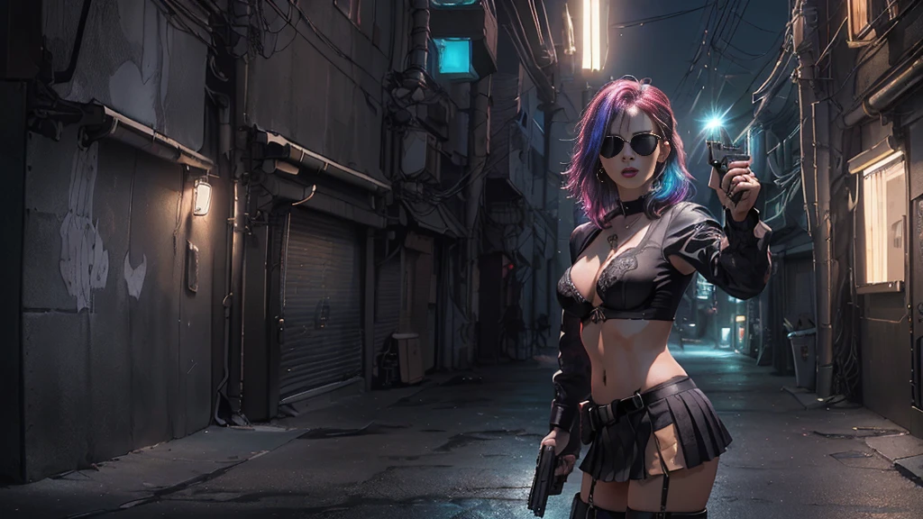 (Realistic:1.4) cyberpunk girl images, (highest quality, 8k, 32k, masterpiece) , (Dynamic pose), ((Front camera)), Cowboy Shot, Shapeless hair, Multicolored Hair, Colorful cyberpunk combat armor, Depth of written interface f/1.8, high angle view of Cyberpunk city (((((at night))))) as background. (((1girl, solo))), photo realistic, (medium-breast slim body, cleavage), (((full bra top, extreamly short pleated (((miniskirt))) exposing panty))), (((((matrix style black sunglasses))))), (((((((aiming at viewer with a (pistol), (looking at camera)))))))), (((((half-body (thigh level) medium shot))))), (cinematic lighting).
