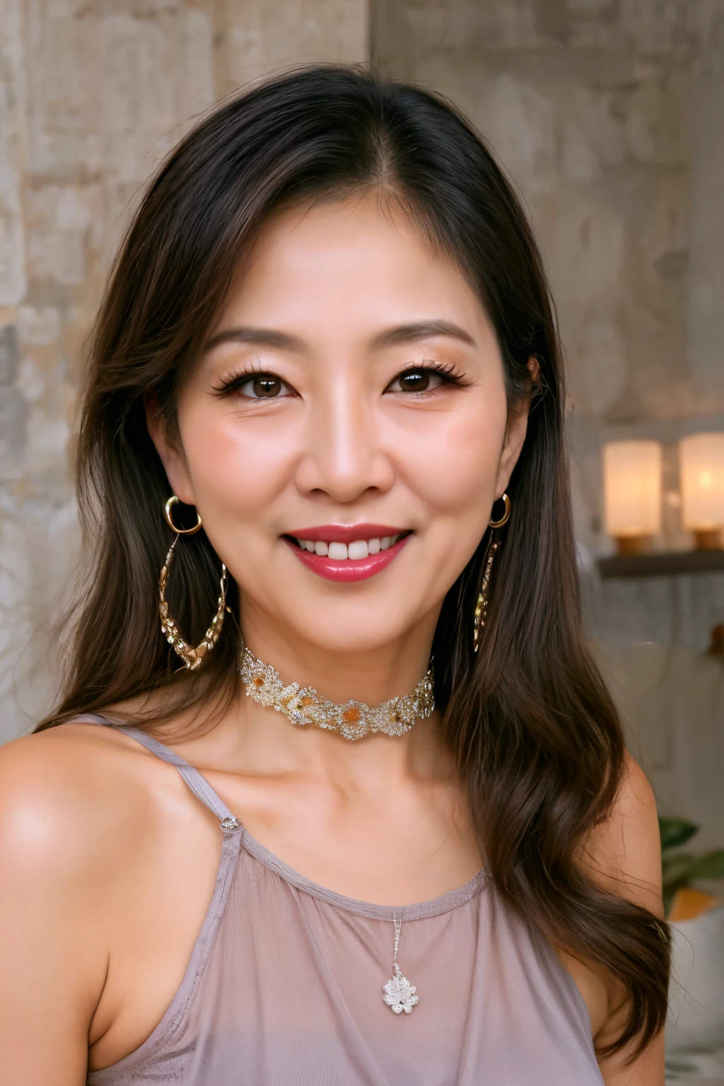  75 years old　mom　milf　Korean, Lady　large earring　Big choker　navel piercing decoration　A bracelet　Silver Hair　realisitic　Gorgeous Madame Beautiful Mature Woman　sexly　Smile　Gentle woman navel piercing　４K　High quality gravure　cover　Gorgeous Madame Beautiful Mature Woman　Bra Top