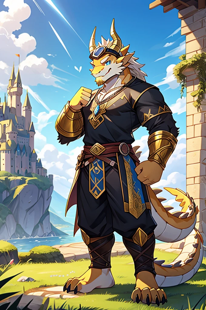HD,noon,Blue sky,castle,grassland,Single player,Western dragon animal humanoid,hairy,Age 16,Cute face,Strong body,Male image,Full body standing,Short hair details,Western faucet,Golden dragon horn,Blonde Facial Hair,White jaw hair,Golden back fur,White belly hair,White mane extends from the top of the head to the tail,Thick and long dragon tail,White hair on the tip of the tail,Golden Arm,Golden paws,Left fist,Lightning is attached to the left fist,The right hand naturally droops,Limbs are dragon claws,4 Gold Fingers,4 golden toes,Pink pads on the palms and soles,,Lift one foot,Exposing the soles of the feet,Look to the left,A happy expression with the tongue sticking out slightly,Blue Eyes ,Pure and lovely eyes,Medieval style costumes,Black top,Black rubber shorts,Silver Sapphire Necklace,Wear goggles on your head,Standing。
