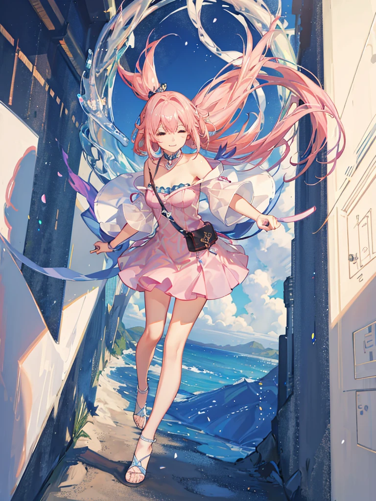 Summer sky、rainbow、One Girl、Pink Hair、bangs、Light blue off-shoulder、Smile with your mouth closed、White hot pants、Shoulder bag、Highest quality、masterpiece