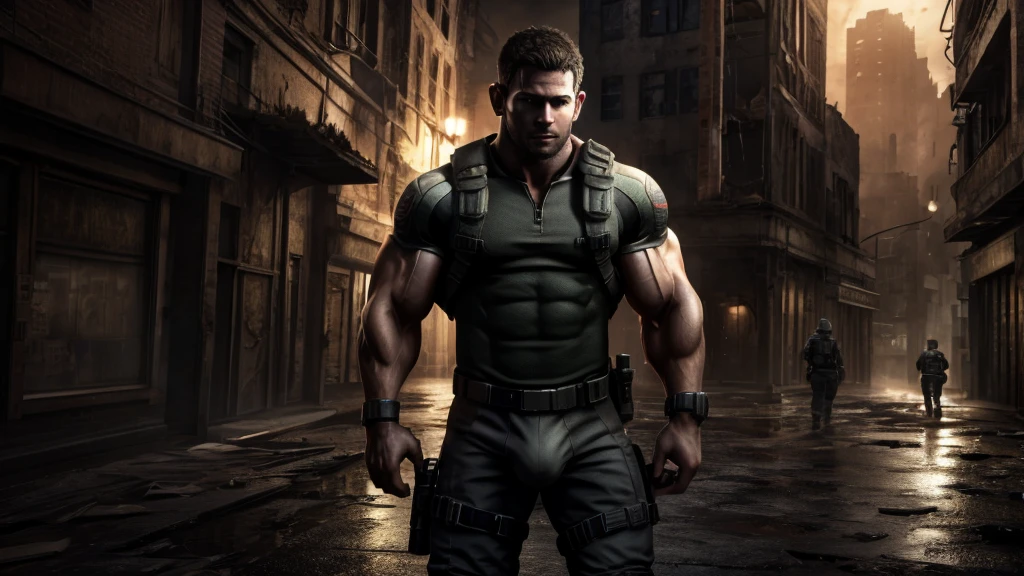 Chris Redfield resident evil, Muscular, nice abs and biceps, nice penis bulge, UHD HDR, full body shot in ruined city background in Landscape mode, 