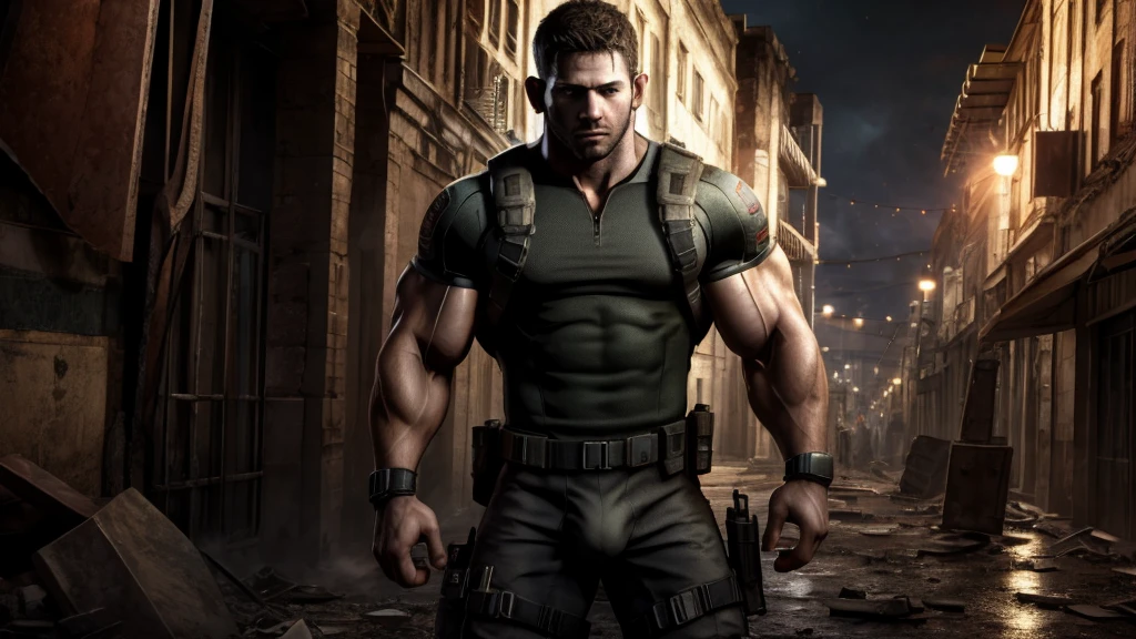 Chris Redfield resident evil, Muscular, nice abs and biceps, nice penis bulge, UHD HDR, full body shot in ruined city background in Landscape mode, 