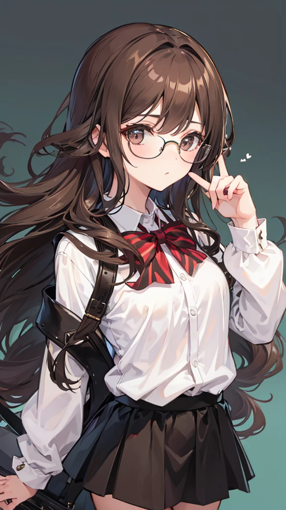 Girl with long wavy brown hair wearing black glasses and skirt