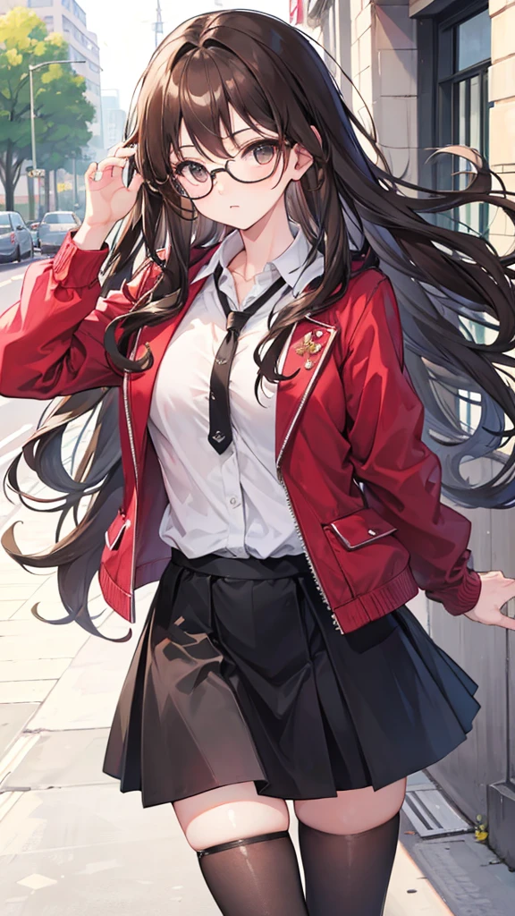 Girl with long wavy brown hair wearing black glasses and skirt
