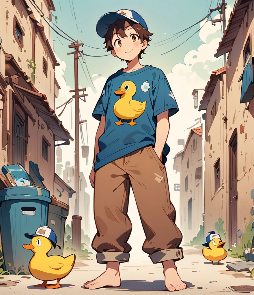 Cartoon character chart illustration，simple，Depicts an anthropomorphic duck， duck boy，Brown eyes，Single tail, and p cap, male, short, Smile, Eyes half closed, Reverse p cap wearing,Masterpiece， high resolution，8K，（（（solo））），(T-Shirt，barefoot：0.6)，Looking at the audience，Viewing angle，Handsome expression,