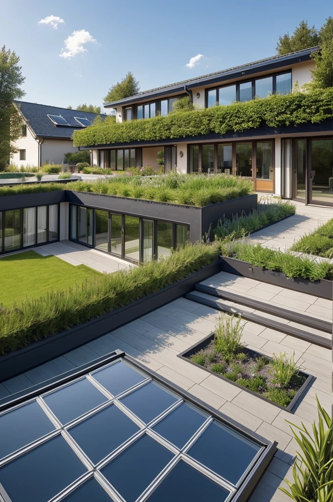 Here is a detailed description, what the sustainable house looks like from the outside:
### Exterior view of the sustainable house
#### Architecture and Design - **form**: The house has a modern, kubische form mit klaren Linien und einer minimalistischen Ästhetik. It consists of two floors, the upper floor partially protrudes over the lower one, to provide shade and create a covered outdoor area.
- **roof**: Das flache roof ist teilweise begrünt mit einem roofgarten und teilweise mit Solarpaneelen bedeckt. The solar panels are strategically placed on the south side, to make maximum use of solar radiation.
#### Facade - **materials**: The facade is a combination of recycled wood and natural stones. The wood paneling is in warm, earthy tones, while the stone cladding provides a rustic texture. Diese materials sorgen für eine harmonische Integration in die natürliche Umgebung.
- **windows**: size, bodentiefe windows dominieren die Fassade. They are made of triple-glazed glass and feature slim, black aluminum frame. Die windows erstrecken sich über beide Stockwerke und lassen viel natürliches Licht in das Haus.
#### Sustainable features - **solar power**: Die Solarpaneele auf dem roof sind gut sichtbar und symbolisieren das Engagement für erneuerbare Energien. Ein kleineres Windrad im garden unterstützt die Energieerzeugung.
- **Gründach**: Teile des roofes sind mit einer dichten Vegetation bedeckt, which consists of native plants. The green roof contributes to thermal insulation and promotes biodiversity.
- **Rainwater harvesting**: There are gutters at the corners of the house, which direct the water into underground tanks. Diese Tanks sind in den umliegenden garden integriert und speichern das Wasser für spätere Nutzung.
#### Outdoor area - **garden**: Der garden ist üppig und naturnah gestaltet. Native plants and flowerbeds attract bees and