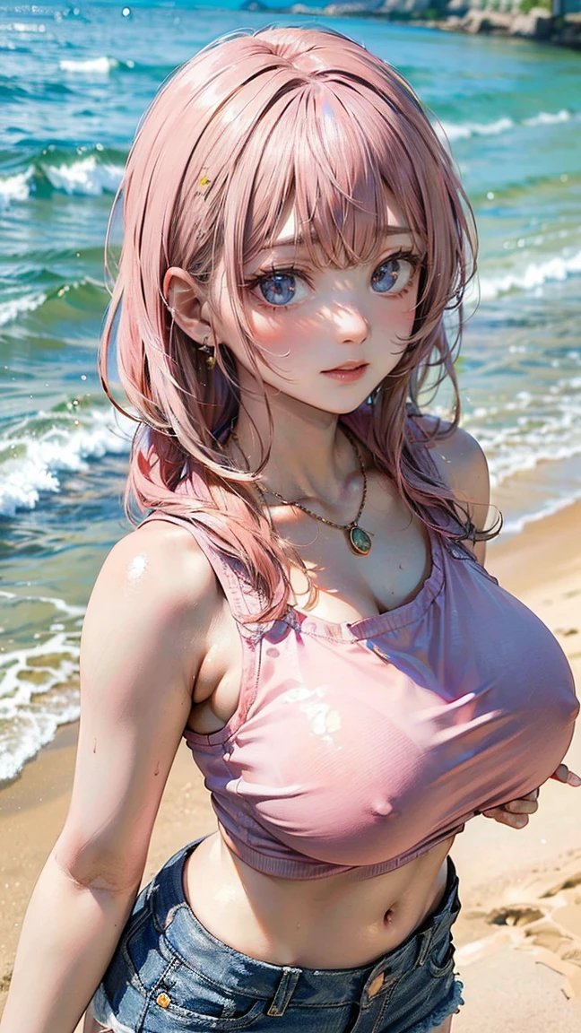 (Masterpiece, BestQuality:1.3), (ultra detailed:1.2), (hyperrealistic:1.3), (RAW photo:1.2), High detail RAW color photo, professional photograph, (Photorealistic:1.4), (realistic:1.4), (Pink Hair:1.5), professional lighting, perfect anatomy, (Big Breasts:1.2), (blush, detailed face), (cheerful Smile:1.5), Trending Hair&Trending Hairカラーをランダムに, earrings, necklace, bracelet, sexly, erotic sexly, Random sexy gravure poses, (A woman wearing an orange crop top and denim shorts、She is posing sexy with a happy smile while collecting seashells on the beach.。Pink Hairのボブヘアが揺れている。:1.3)