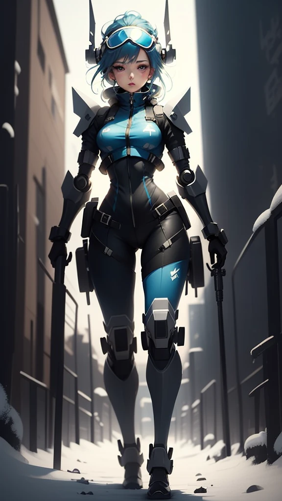 a drawing of a character in an orange mech armor standing on the sidewalk, weapon mechanical sword, solo, 1girl, Holster like helmet, blue glowing tech, winter scenery at rundown arctic base, ,cinematic lighting, ,mecha musume, robot, Holster, mecha, bodysuit, fortified suit, mechanical parts, robot joints, headgear, full armor, 