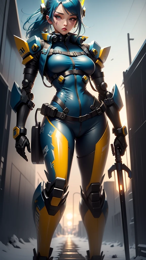 a drawing of a character in an orange mech armor standing on the sidewalk, weapon mechanical sword, solo, 1girl, Holster like helmet, blue glowing tech, winter scenery at rundown arctic base, ,cinematic lighting, ,mecha musume, robot, Holster, mecha, bodysuit, fortified suit, mechanical parts, robot joints, headgear, full armor,