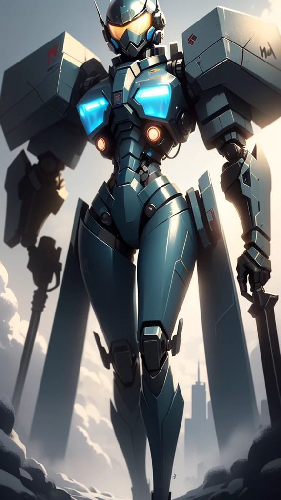 a drawing of a character in an orange mech armor standing on the sidewalk, weapon mechanical sword, solo, 1girl, Holster like helmet, blue glowing tech, winter scenery at rundown arctic base, ,cinematic lighting, ,mecha musume, robot, Holster, mecha, bodysuit, fortified suit, mechanical parts, robot joints, headgear, full armor, 