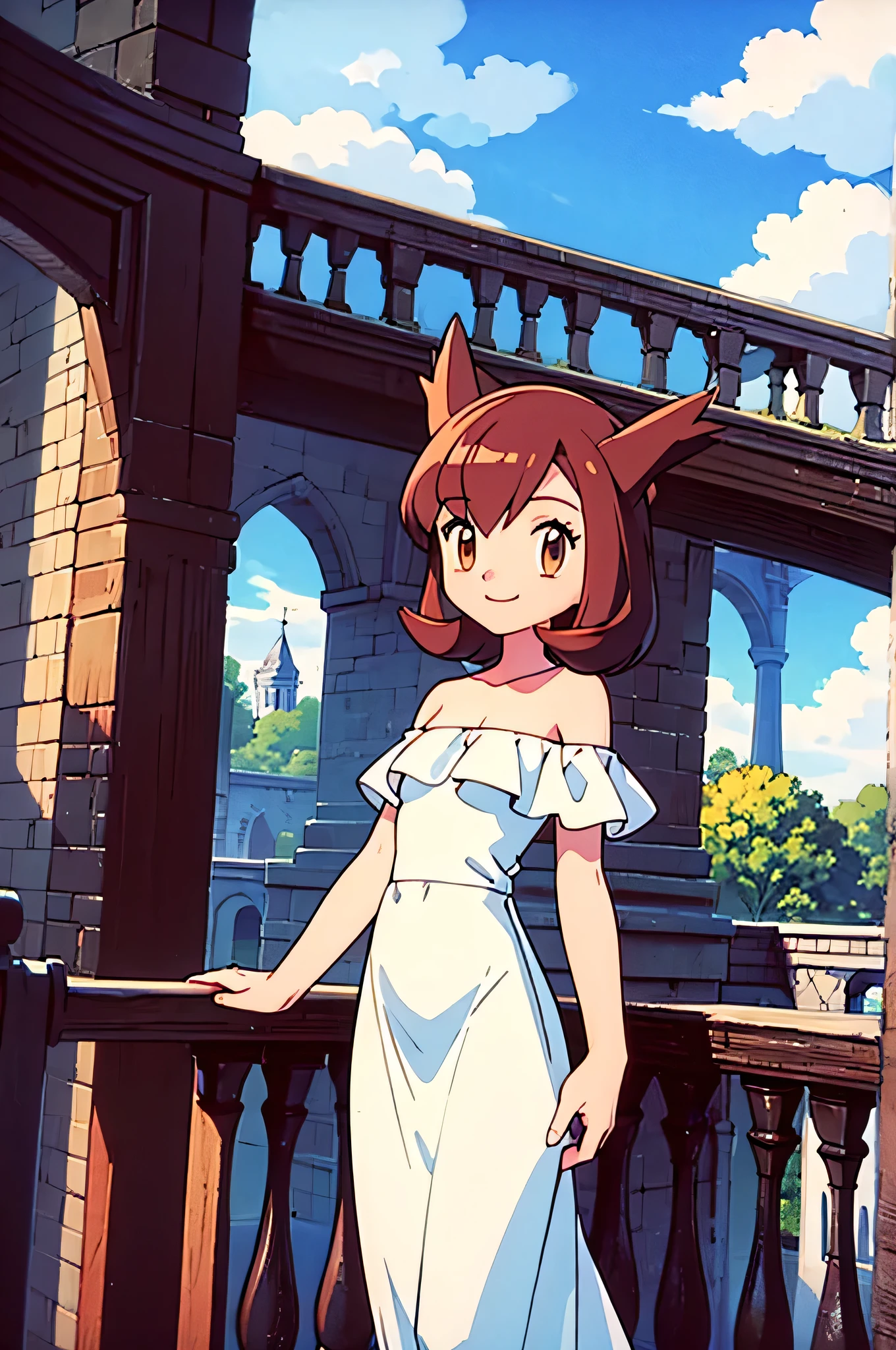 masterpiece, best quality, highres, outdoors, small breasts, 1 girl, Solo, Pokemon Heroes (Bianca), Brown Eyes, Beautiful Detail Eyes, Brown Hair, hands are down, Smile, Bare Neck, Bare Shoulders, strapless, White Ruffle Off-the-Shoulder maxi dress. light smile, intricate details, sharp focus, high resolution, sunlight, standing outside the Werribee Park Mansion, and a beautiful garden, cowboy shot, blue skies and clouds, cinema lighting