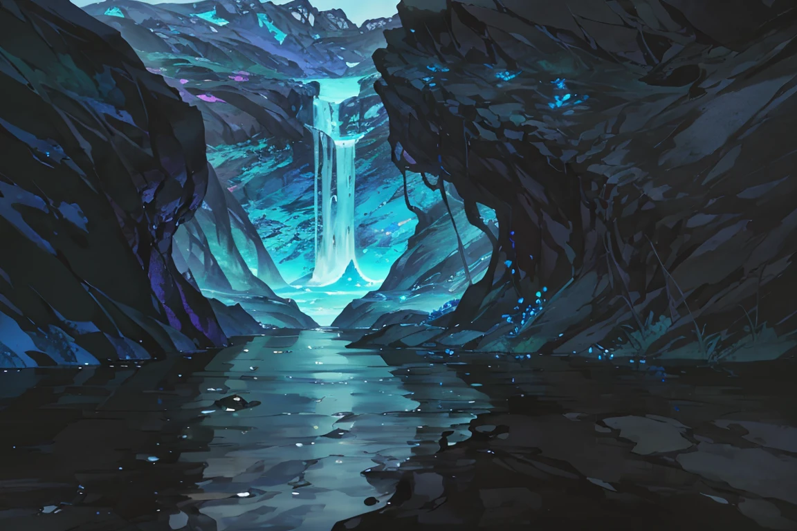 summer, blue lava rock area, blue lava rock formation, (illustration : 1.0), Narrative composition, realistic lighting, HD detail, masterpiece, best quality best, (Highly detailed CG integrated 8k wallpaper), wide and flat rocky area, A small, sharp, rough rock at the top of the screen., Blue liquid flowing through a crevice in the rock,