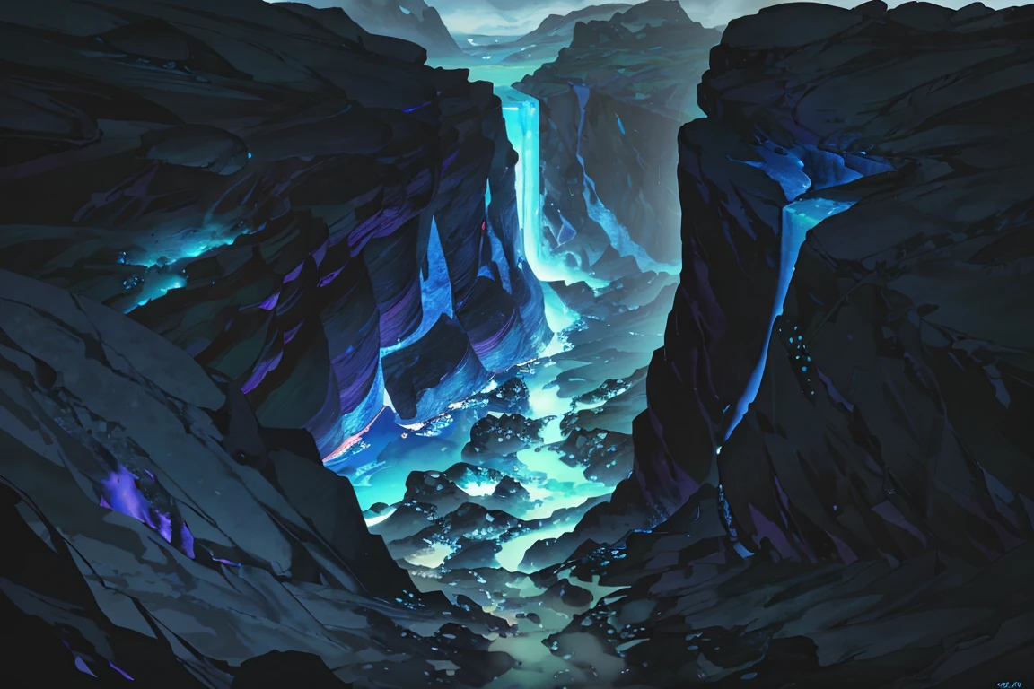 summer, blue lava rock area, blue lava rock formation, (illustration : 1.0), Narrative composition, realistic lighting, HD detail, masterpiece, best quality best, (Highly detailed CG integrated 8k wallpaper), wide and flat rocky area, A small, sharp, rough rock at the top of the screen., Blue liquid flowing through a crevice in the rock,
