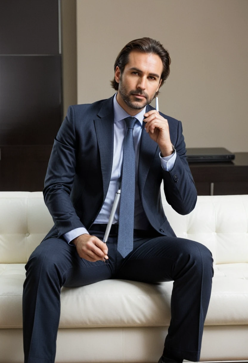 RAW photo, full body, 35-year-old man, ((dressed as lab Sales Manager)), sitting on the guest sofa, looking towards the viewer, wearing shoes, straight forward position, in front of point of view, holding a pen in hand, pointing out an idea, neat hair,