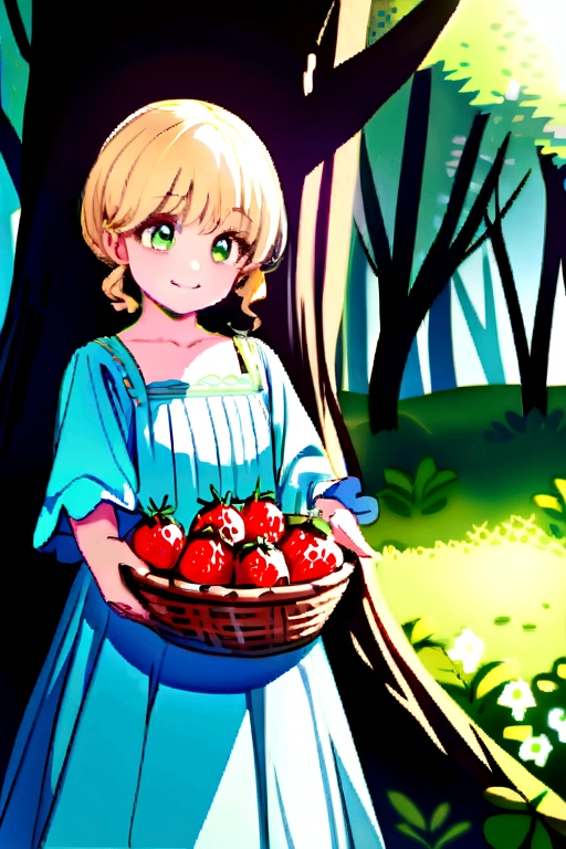 Blonde girl with big green eyes in a blue airy dress with a basket in her hands. picking strawberries in the forest. A small gnome stands nearby and smiles at the girl..