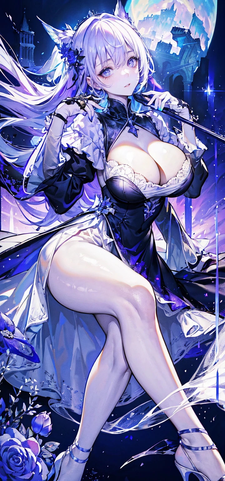 ((masterpiece:1.4,best quality)),(Super detailed),(Extremely detailed eyes),(Shiny socks:1.5),Hello Darkness
(Cute girls),,(Blood-red pupils,Diamond-shaped pupil:1.15),Purple Eyeshadow,(elongated hair,Thick hair,Single ponytail,shiny hair:1.5)(Changes through:1.2),despair,sad,Empty eyes,tears streaming down my face,tilting its head to the side,
(She wore a blue dress,:1.5),(Black gloves:1.4)Very long plush sleeves,White,White Cloud,Dream bubbles ,Ice and glitter effects
(Black long skirt:1.1),
((Starry Sky:1.2)),
(Intense black and white:1.16),(Depth of Field:1.4),,Intricate details,(((Detailed background,Castle in the Sky,Purple flowers by the lake))),(((Huge breasts,Bare breasts,Deep cleavage,White stiletto high heels,Transparent clothes)))