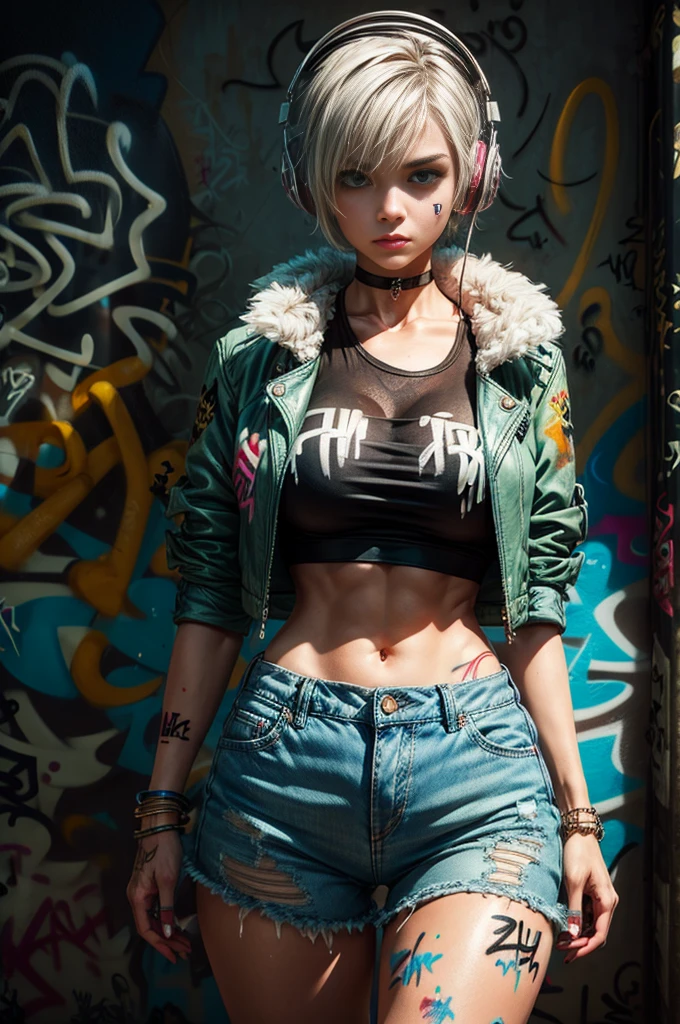 Masterpiece, Best Quality, chica sexy, very pretty, a quite slender figure, perfect body, abundant chest, narrow waist, big ass, she has grayish white hair , She has short hair and big pale green eyes., very short and tight top, denim shorts, choker, (graffiti:1.5), leather jacket with fur, paint splash, arms behind head, walking down the street, looking at the viewer, bracelet, body paint, nod, bored, headphones,