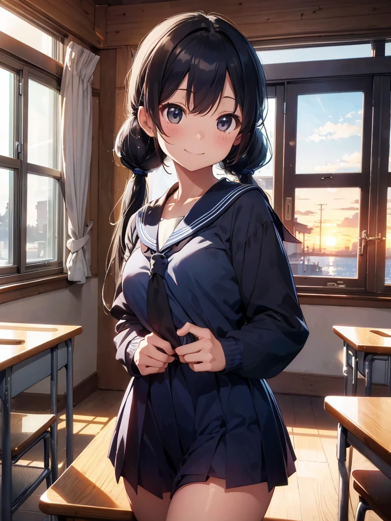 Highest quality, Very detailed, masterpiece, One Girl, classroomの椅子に座る, talk, Smile, 15yo, (low twintails:1.2), Low Pigtails, Black Hair, Long Hair, (Navy blue sailor suit:1.4), Blue ribbon, Long sleeve, School desk, School Chair, classroom, from the front, window, A port town in the distance, sunset, anime