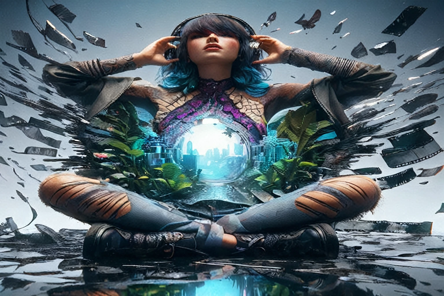 Surrealistic portrait: Create a portrait of a character by mixing realistic and surreal elements. For example, you can combine the human face with elements of animals, plants or inanimate objects.front focus), (in the dark:1.6), portrait, fantasy art, realistic photo, dynamic lighting, artstation, poster, volumetric lighting, very detailed faces, 4 k, award-winning  