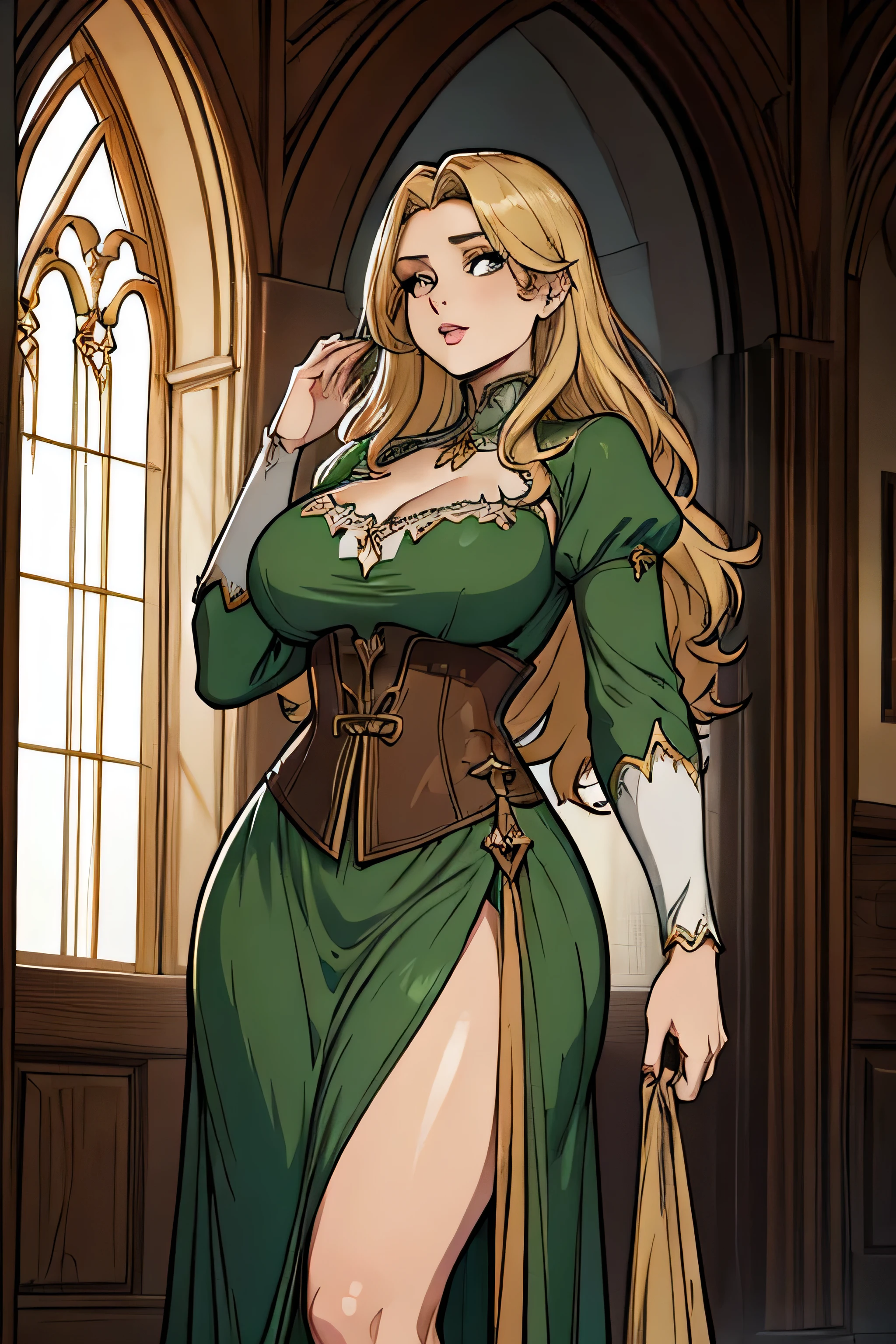 woman in a green dress, medieval fantasy character, colored lineart , ash blonde hair, brown eyes, full lips, full figured, girdle, long hair, beautiful face, 8k, masterpiece, elegant, medieval fantasy drees, nobility, best quality, hi-res, hi-resolution, 