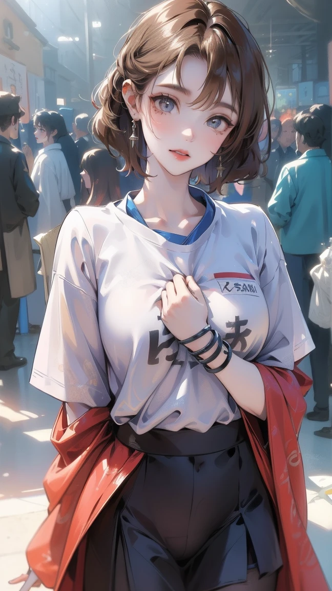 ((8K:1.27)、best quality、masterpiece、Ultra-high resolution:1.2)Japanese beauty photos(Pleasing to the Eyes:1.1) (t-shirt:1.21) design:Gregg Lutkowski and Alphonse Mucha both have a refined and elegant temperament、fantasy、detail、geometry、Gradient lighting、1 girl、Delicate skin、Looking at the audience、Brown eyes、(Short hair with bangs:1.2)、(Large breasts:1.0)、(middle areolae:0.8)、(Endless Realism:1.4)、(best quality:1.0)、(Ultra-high resolution:1.0)、8K、Original Photography、(masterpiece:0.2)、(Pure love face_v1:0.5)、 轻质无袖t-shirt、underwear、Saimai construction site、Very shy、Outdoor exposure、Twist the skirt yourself、show、Futomo、Embarrassing、present yourself、An expression of distress、