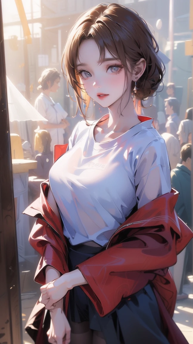 ((8K:1.27)、best quality、masterpiece、Ultra-high resolution:1.2)Japanese beauty photos(Pleasing to the Eyes:1.1) (t-shirt:1.21) design:Gregg Lutkowski and Alphonse Mucha both have a refined and elegant temperament、fantasy、detail、geometry、Gradient lighting、1 girl、Delicate skin、Looking at the audience、Brown eyes、(Short hair with bangs:1.2)、(Large breasts:1.0)、(middle areolae:0.8)、(Endless Realism:1.4)、(best quality:1.0)、(Ultra-high resolution:1.0)、8K、Original Photography、(masterpiece:0.2)、(Pure love face_v1:0.5)、 轻质无袖t-shirt、underwear、Saimai construction site、Very shy、Outdoor exposure、Twist the skirt yourself、show、Futomo、Embarrassing、present yourself、An expression of distress、